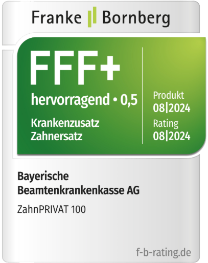 Bewertungssiegel für Zahnzusatzversicherung von Franke & Bornberg mit dem Rating "FFF+" und der Note 0,5, gültig bis August 2024.